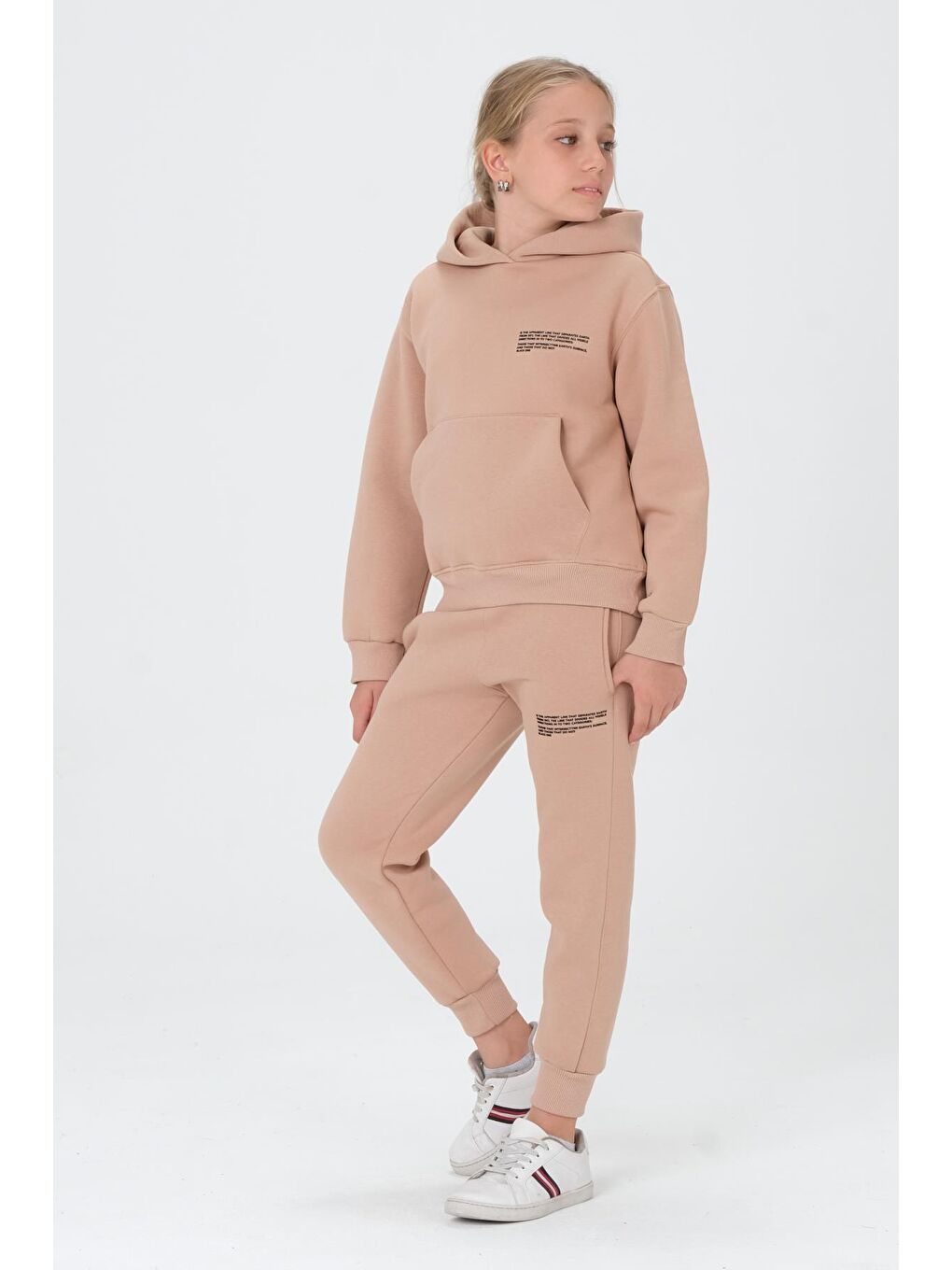 Bej Kız Çocuk Kapüşonlu Eşofman Takımı-1