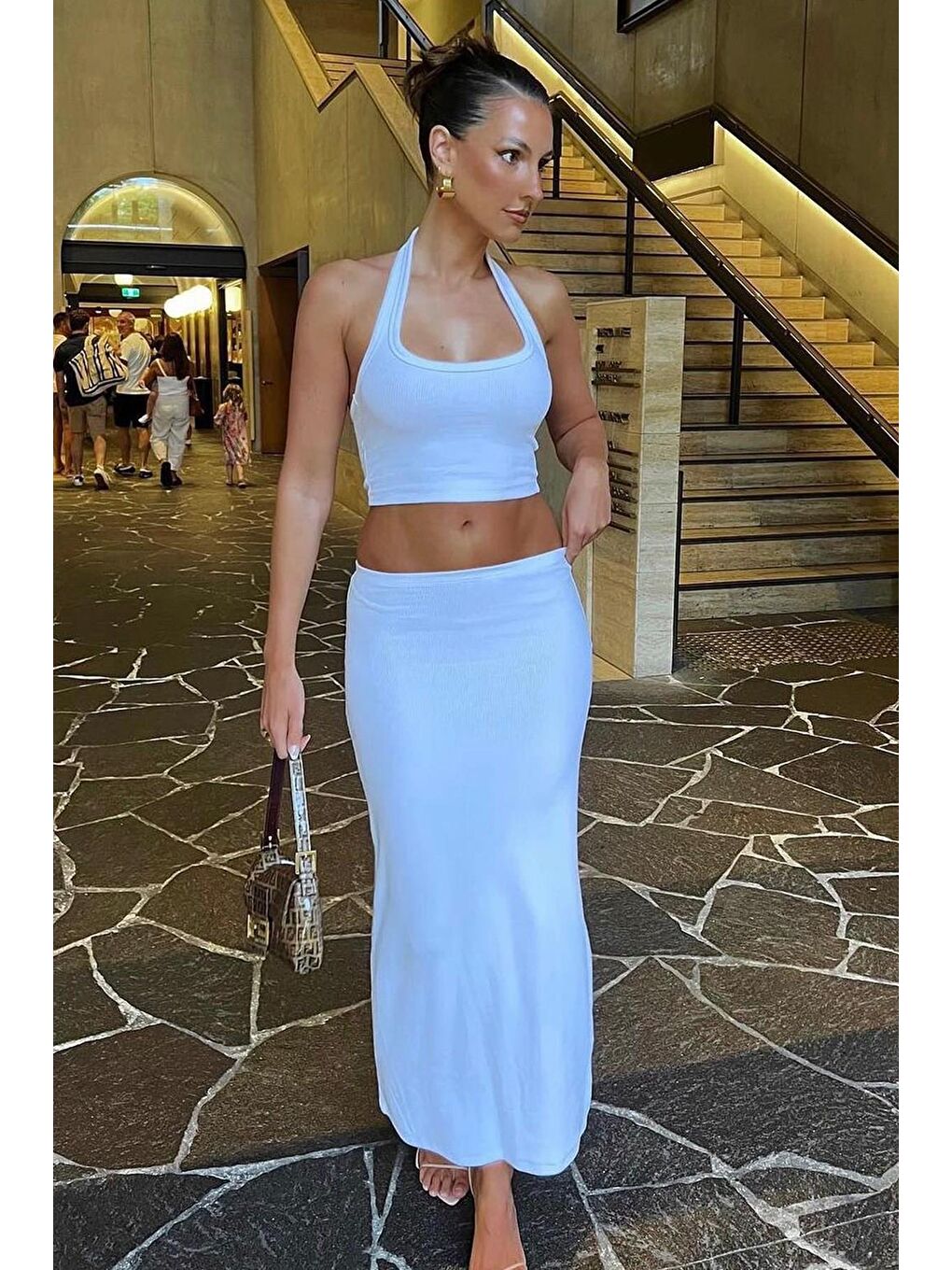 Beyaz Basic Yırtmaç Detaylı Kadın Uzun Etek Mg1650-2