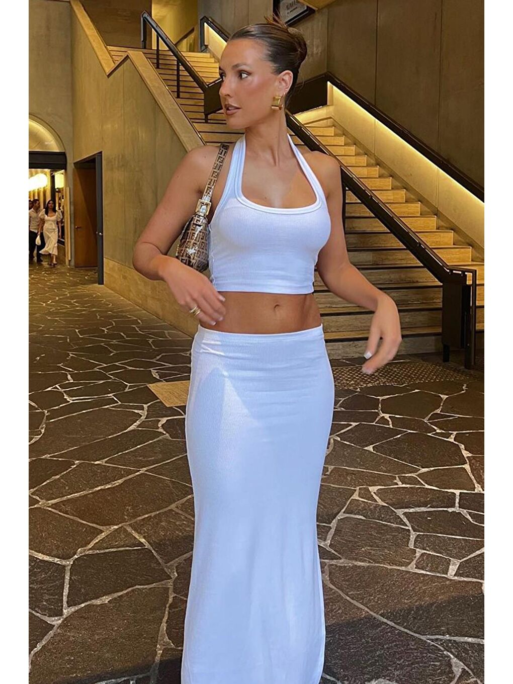 Beyaz Basic Yırtmaç Detaylı Kadın Uzun Etek Mg1650-3