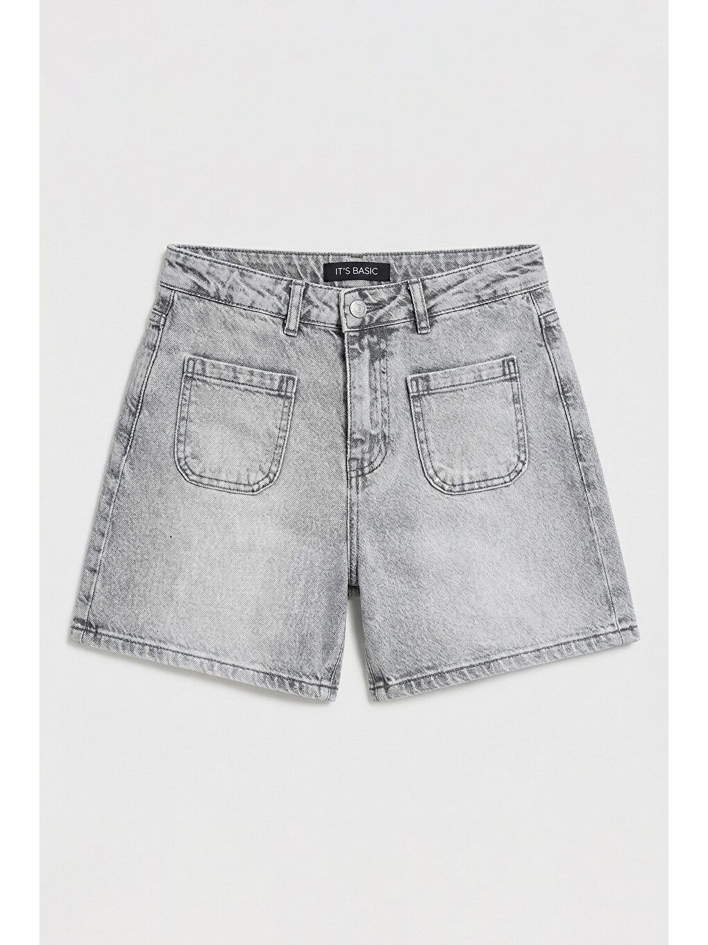 Kadın Gri Jean 4s6-12 Mom Fit Önden Cepli Denim Şort