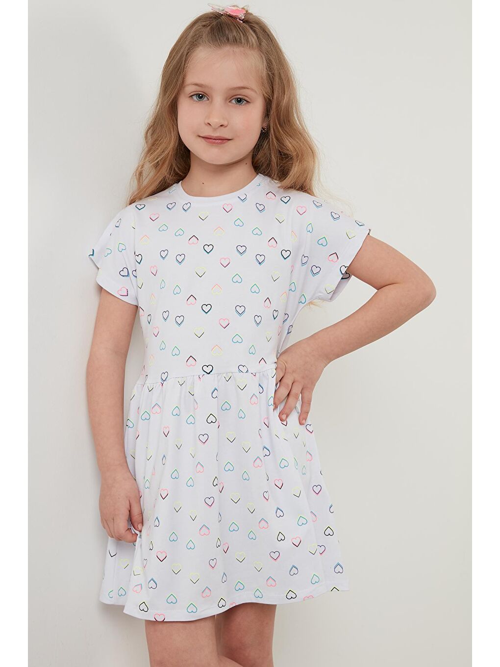 Beyaz Pamuklu Baskılı Kısa Kollu Kız Çocuk Elbise 6189362-2