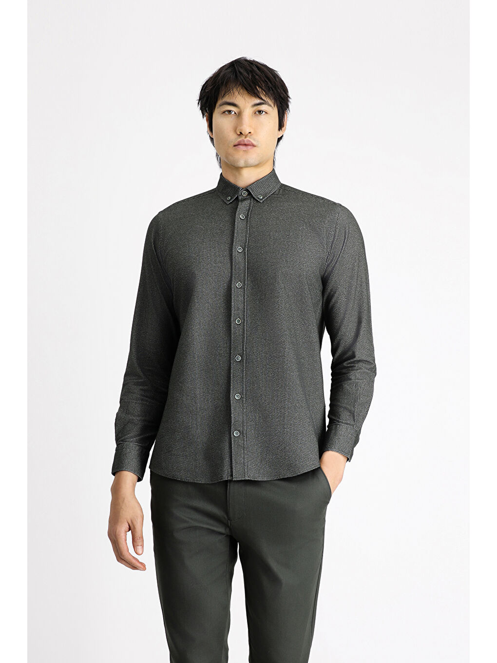 Antrasit Uzun Kol Regular Fit Desenli Spor Pamuk Düğmeli Yaka %100 Pamuk Gömlek-3