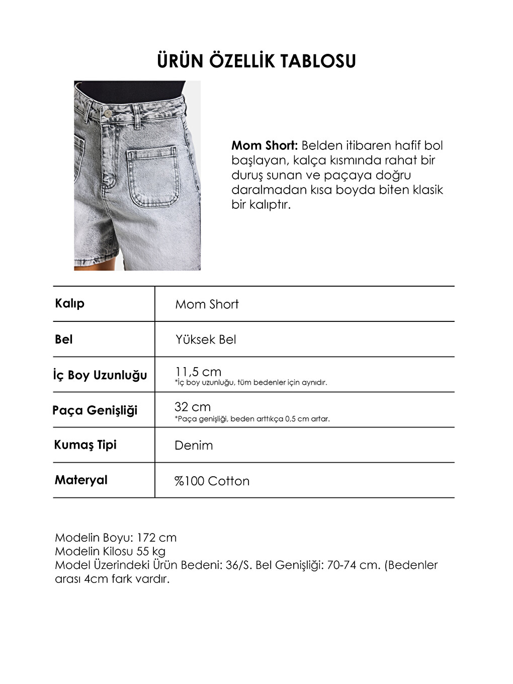 Kadın Gri Jean 4s6-12 Mom Fit Önden Cepli Denim Şort-2