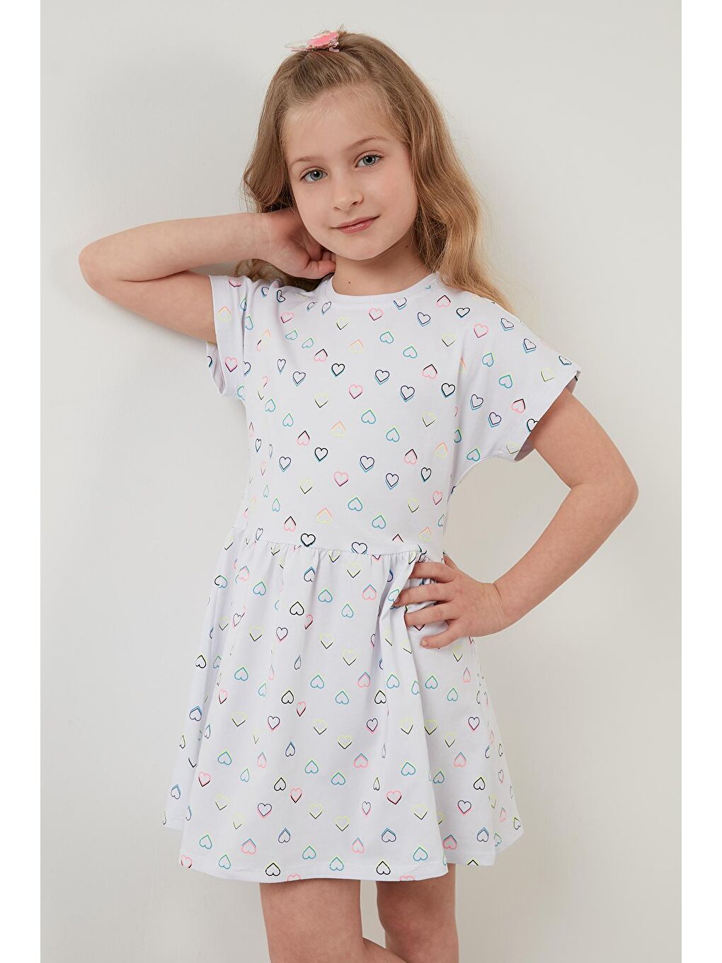 Beyaz Pamuklu Baskılı Kısa Kollu Kız Çocuk Elbise 6189362-3