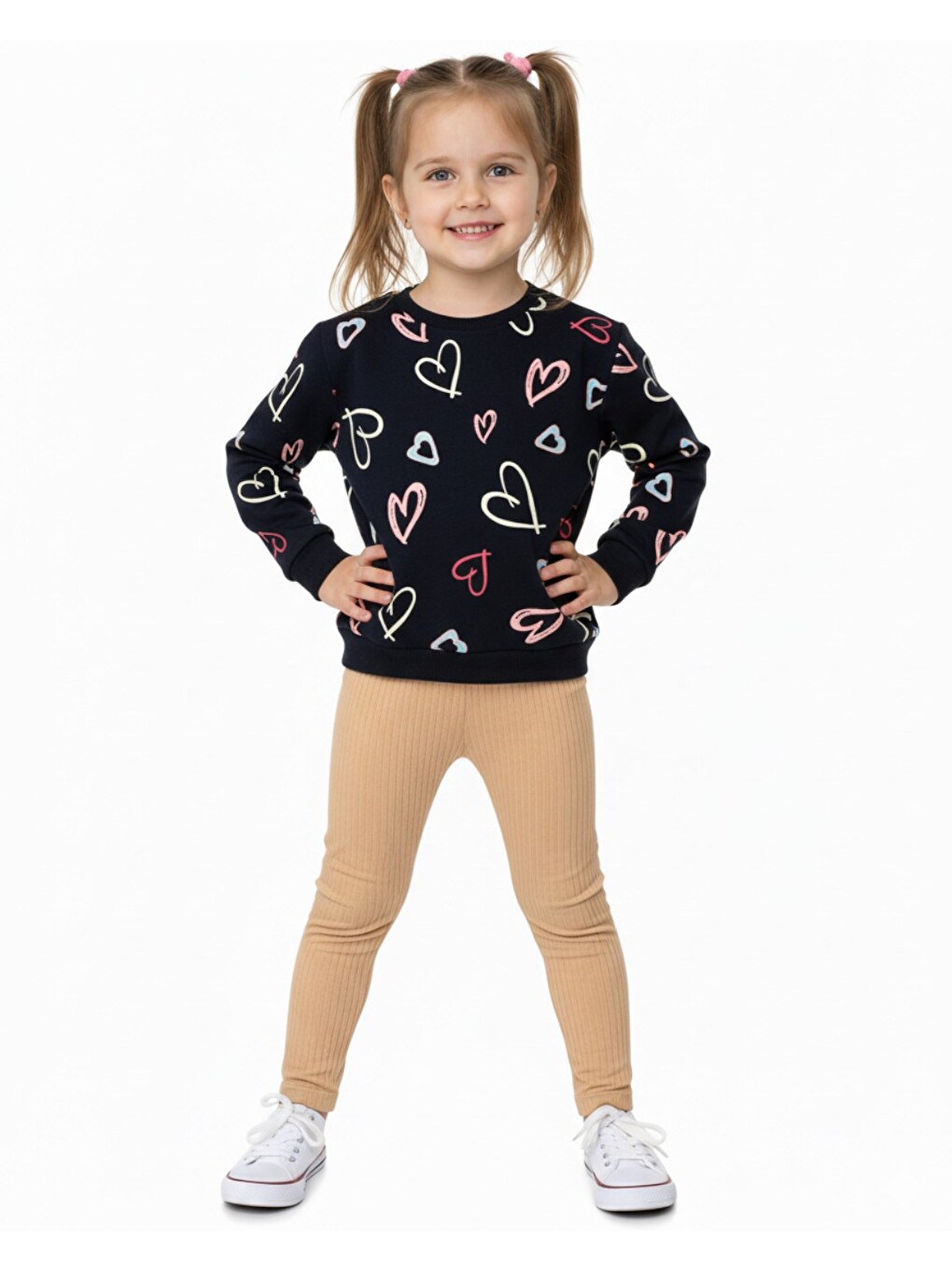 Lacivert Kız Çocuk Kalp Baskılı Sweatshirtlü Ve Taytlı Mevsimlik Takım