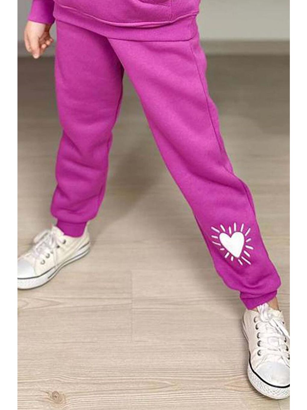 Kız Çocuk Kalp Emoji Baskılı Kanguru Cepli Fermuarlı Sweat Mor Eşofman Takım-2