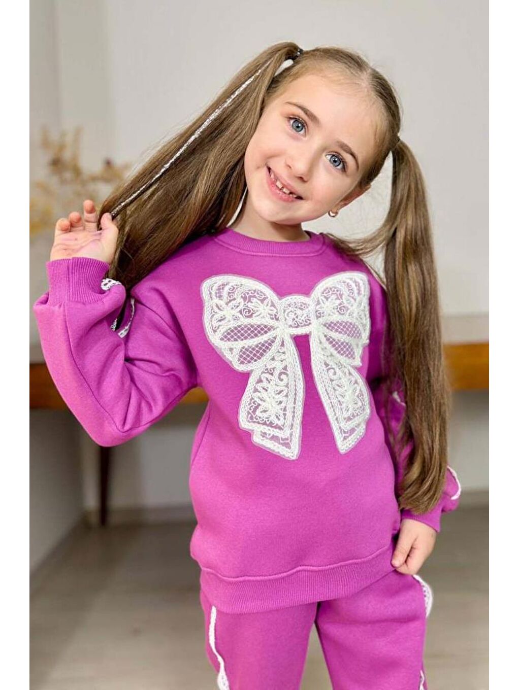 Kız Çocuk Göğsü Kurdela Dantel Şerit Detaylı Bağcıklı 3 İplik Mor Eşofman Takım-1