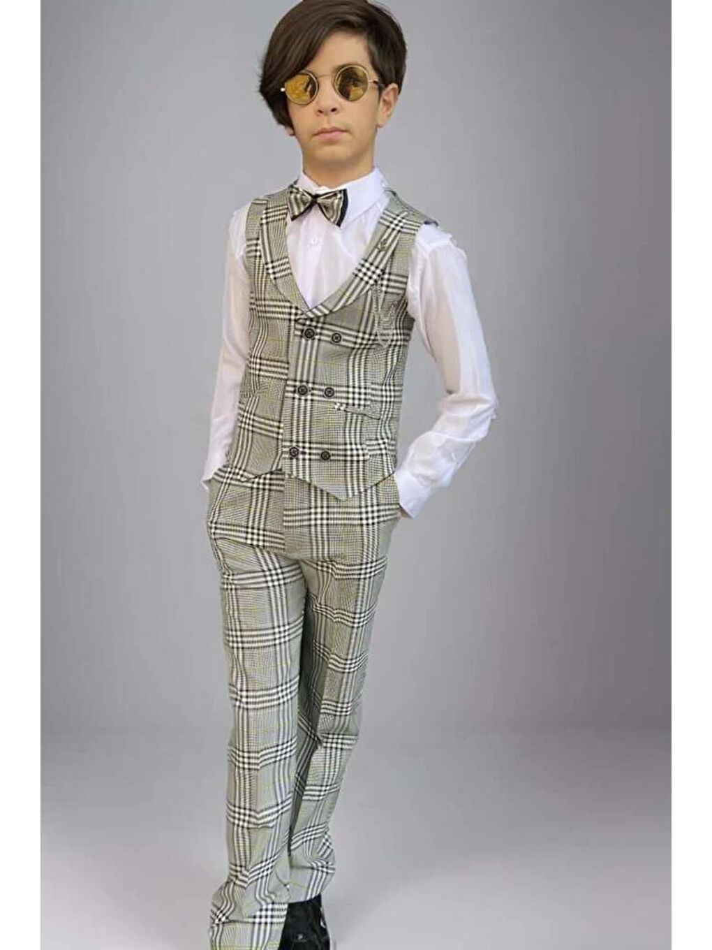 Erkek Çocuk Kare Desen ve Şal Yaka Yelekli Yeşil Takım Elbise-1