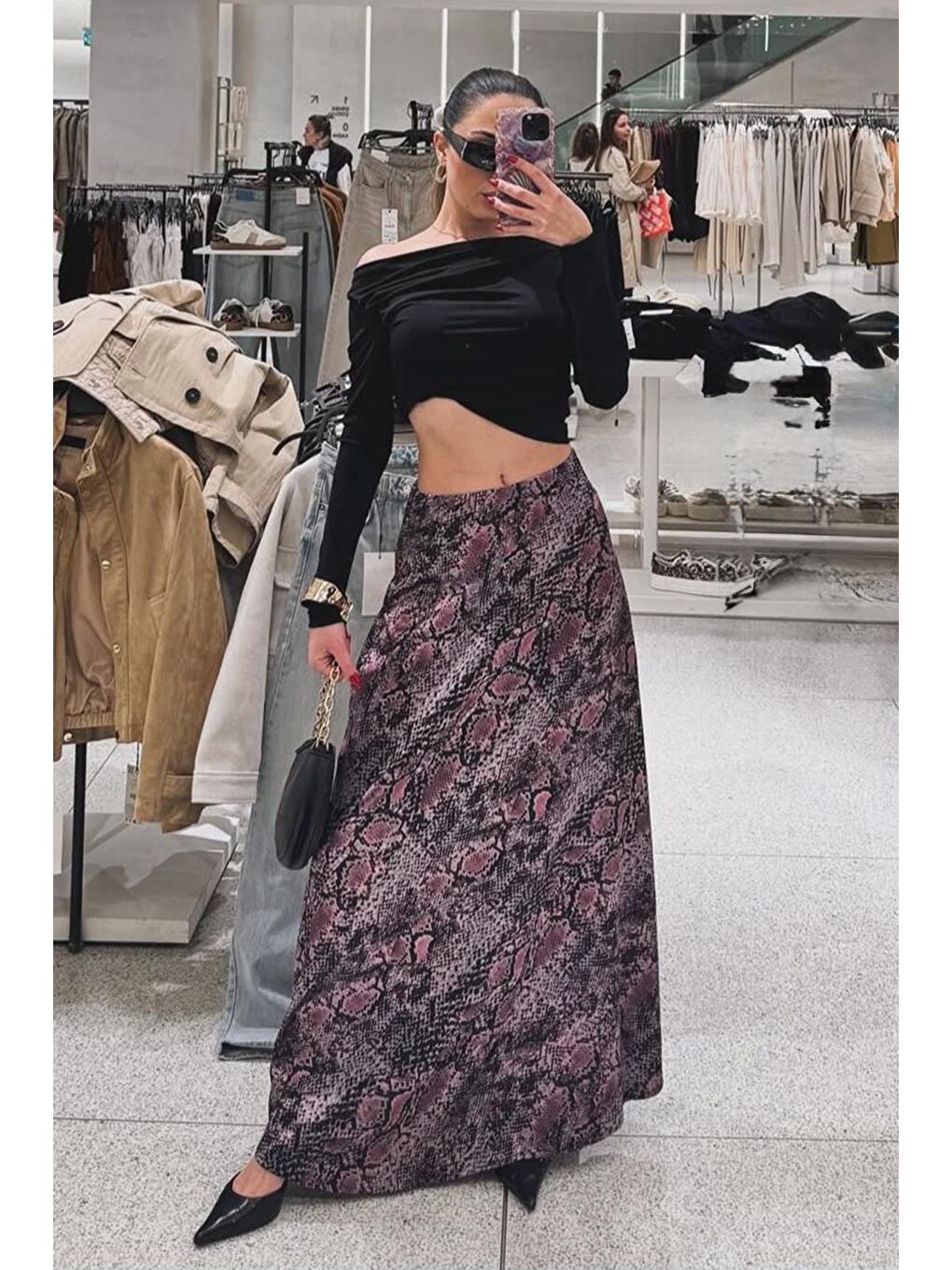 Lila Desenli Saten Kadın Uzun Etek Mg2333