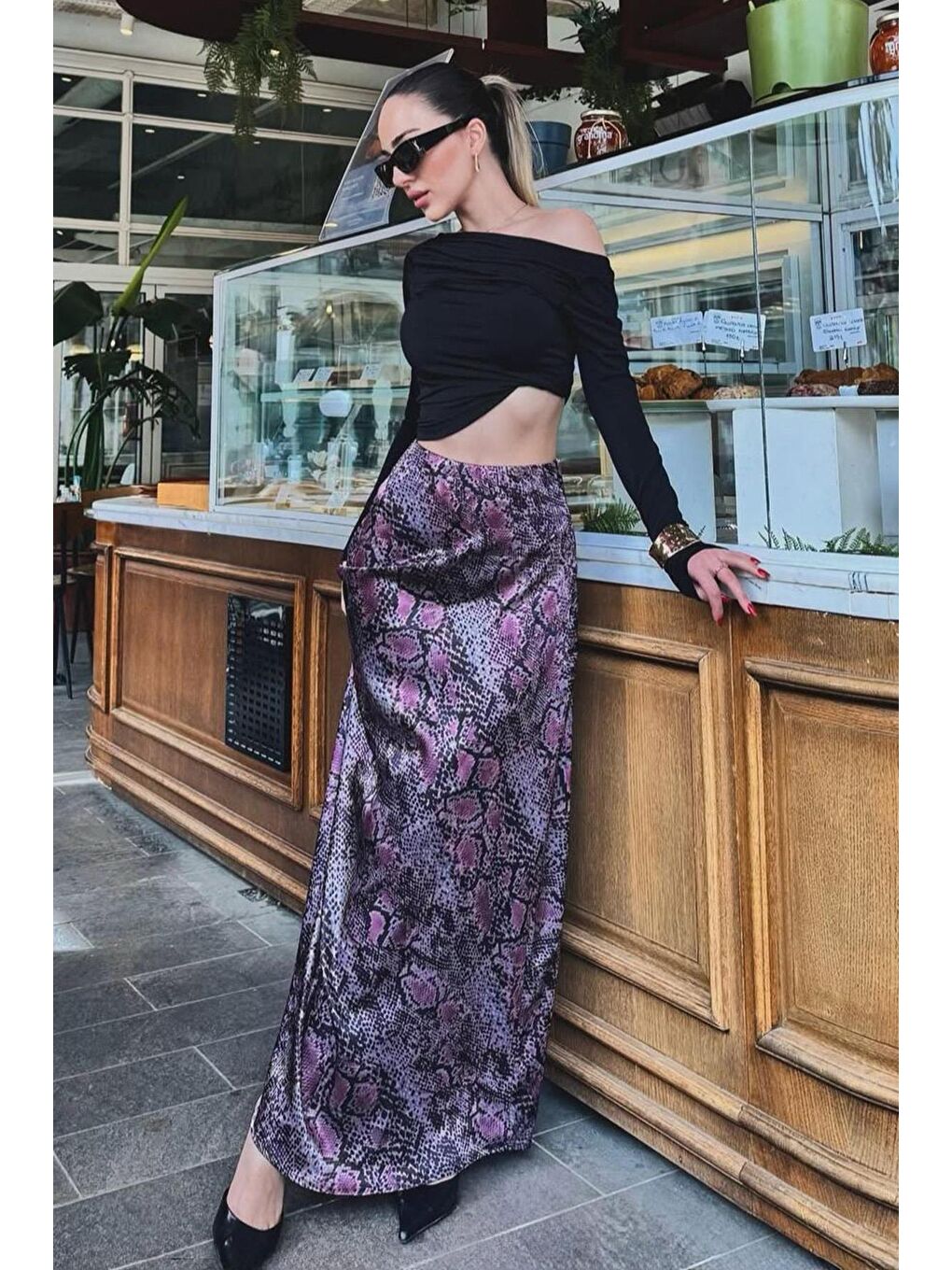 Lila Desenli Saten Kadın Uzun Etek Mg2333-1