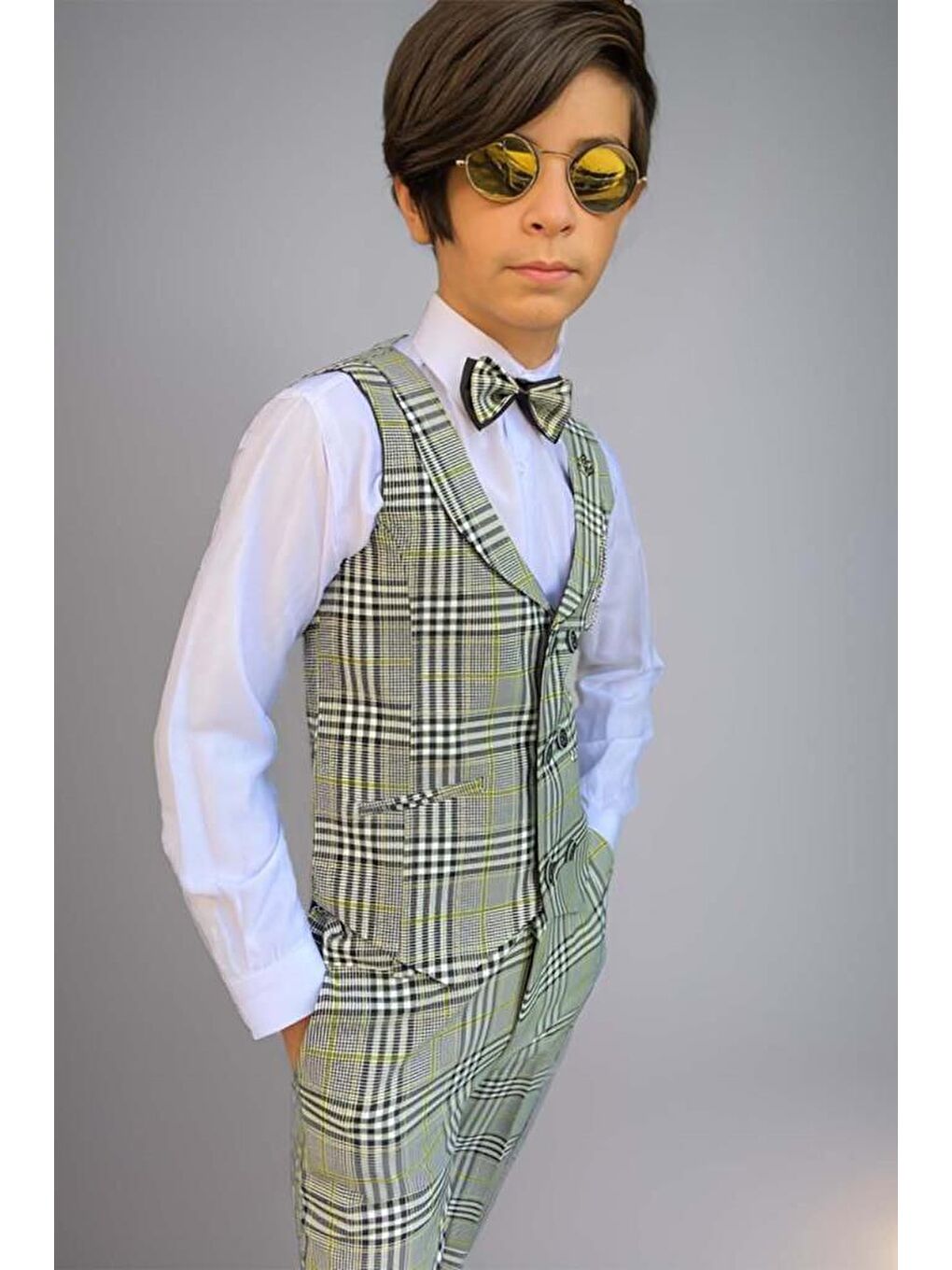 Erkek Çocuk Kare Desen ve Şal Yaka Yelekli Yeşil Takım Elbise-2