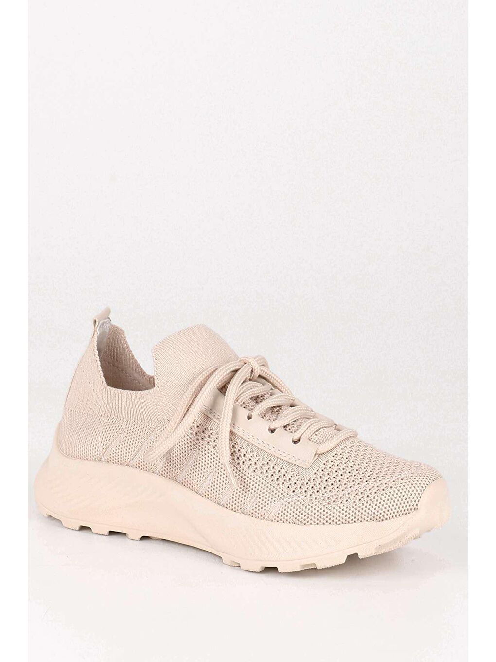 Bej Yuvarlak Burun Dolgu Taban Triko Kadın Sneaker 37511-4