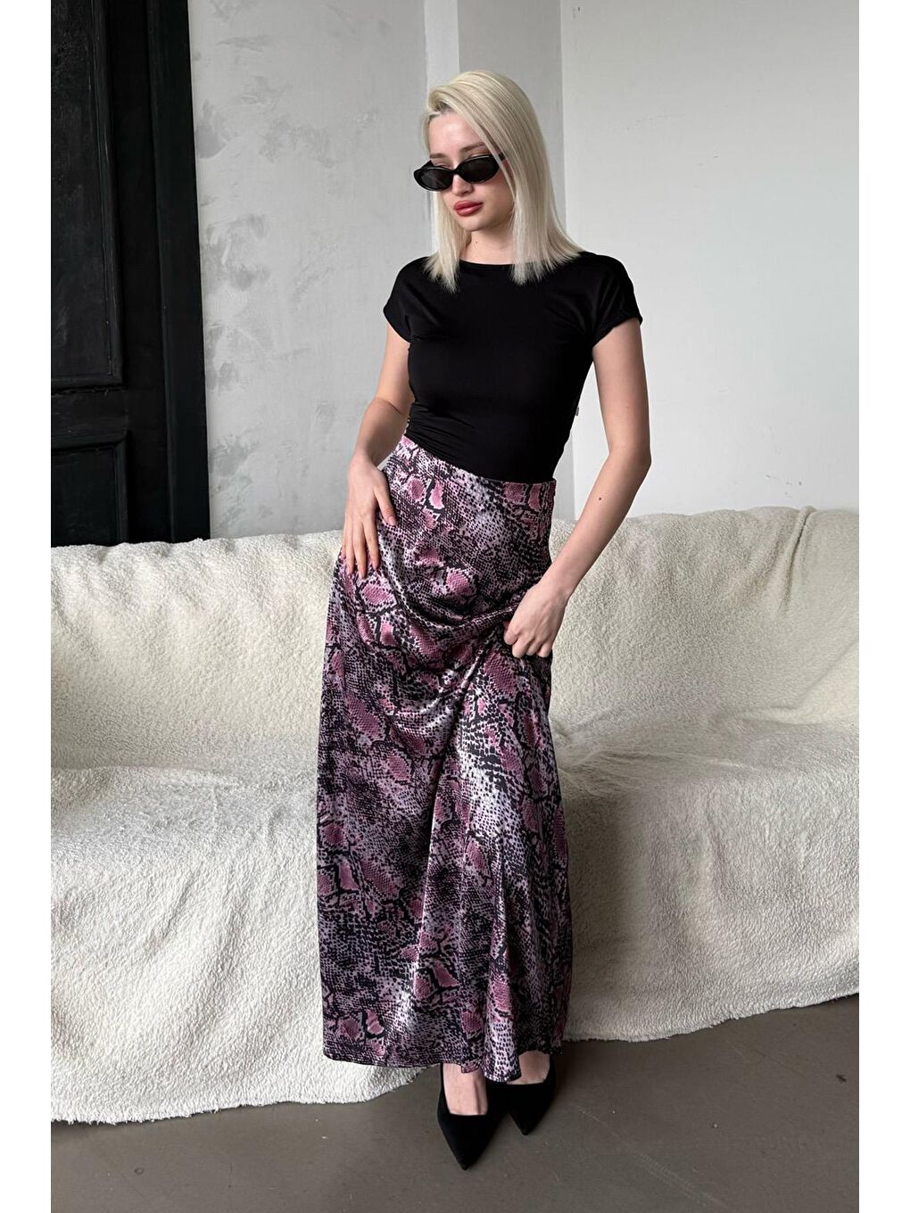 Lila Desenli Saten Kadın Uzun Etek Mg2333-2