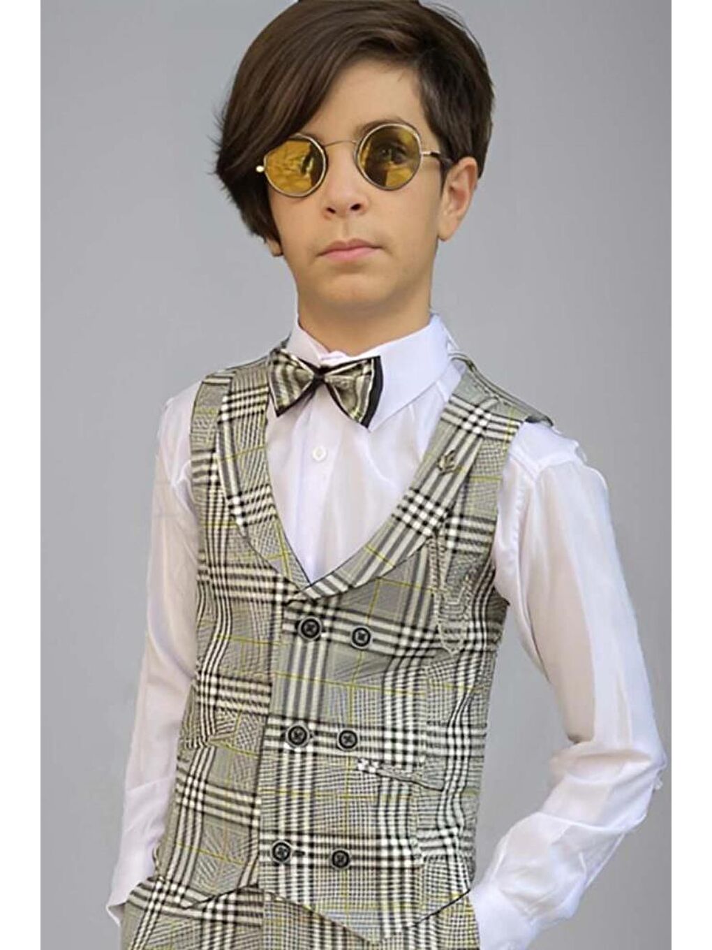 Erkek Çocuk Kare Desen ve Şal Yaka Yelekli Yeşil Takım Elbise-3