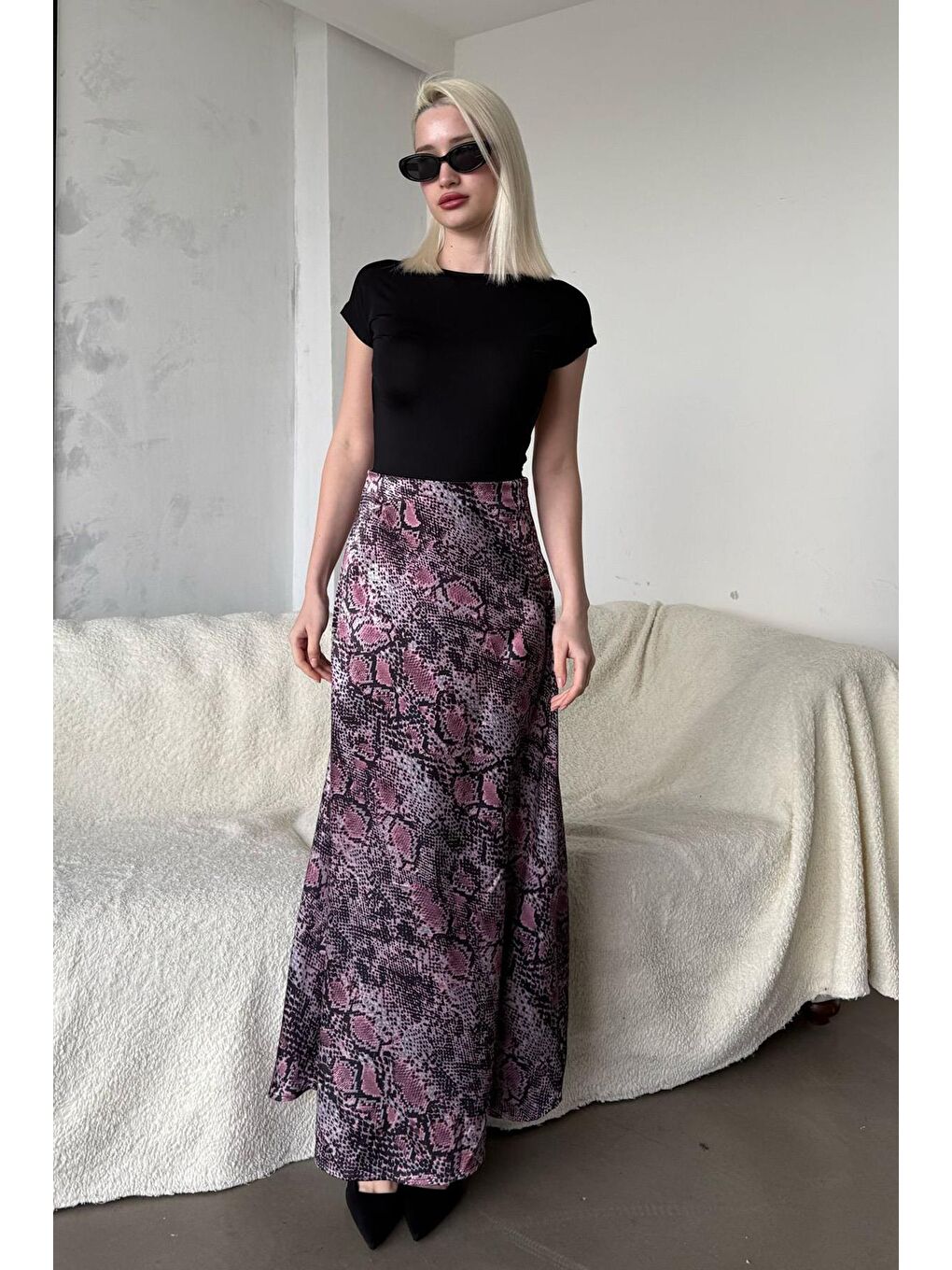 Lila Desenli Saten Kadın Uzun Etek Mg2333-4