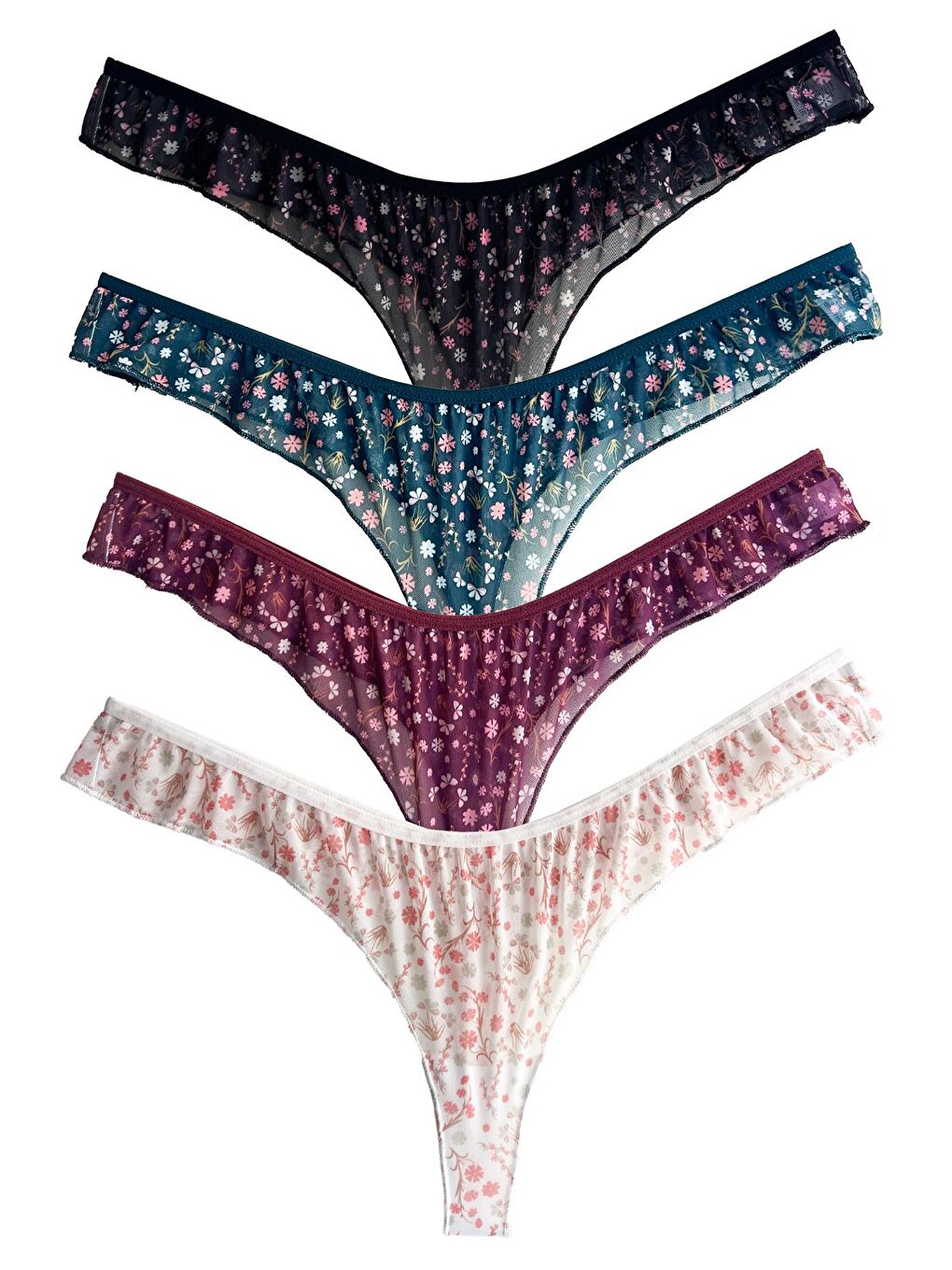 Karışık Çiçek Desenli Tül Kenarları Fırfırlı Tanga 4'Lü Paket Külot-4