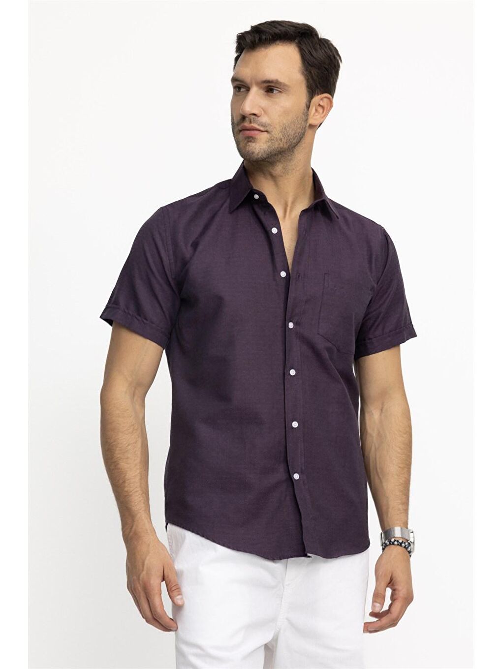 Mor Tudors Klasik Fit Kısa Kol Oxford Doku Armürlü Kravatlık Gömlek-1