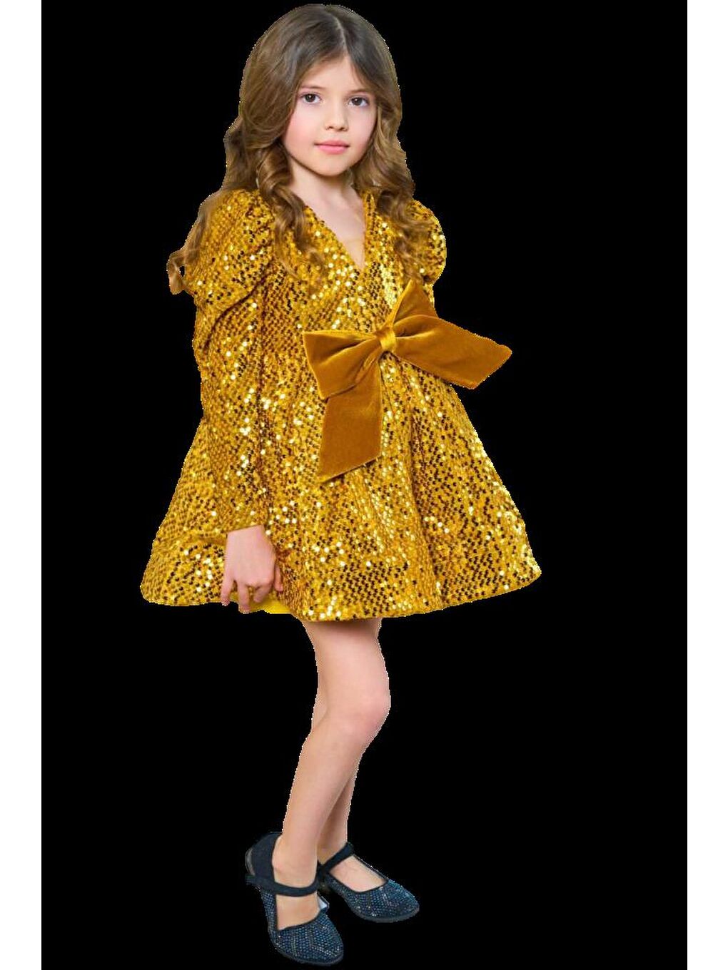 Sarı Kız Çocuk V Yaka Üzeri Pulpayet İşlemeli Eteği Kabarık Kadife Gold Abiye-3