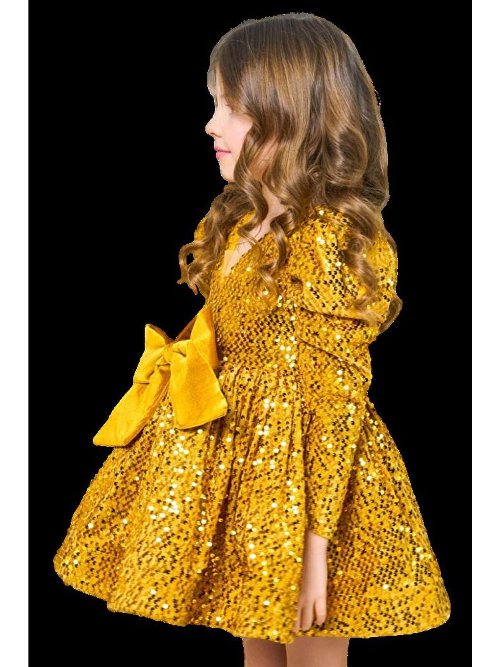 Sarı Kız Çocuk V Yaka Üzeri Pulpayet İşlemeli Eteği Kabarık Kadife Gold Abiye-4
