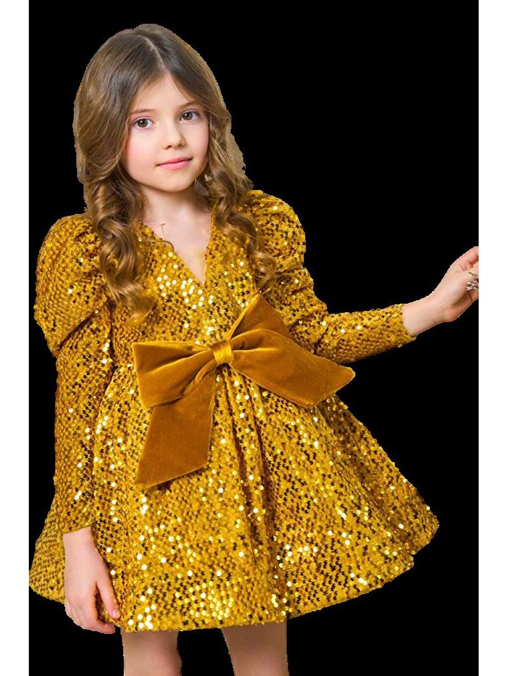 Sarı Kız Çocuk V Yaka Üzeri Pulpayet İşlemeli Eteği Kabarık Kadife Gold Abiye-5