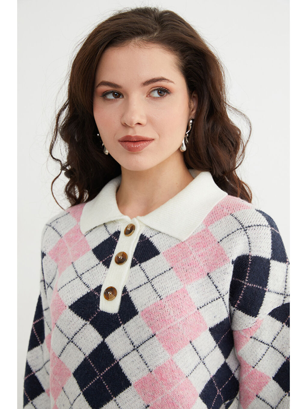 Pembe Baklava Desenli Yarım Düğmeli Polo Yaka Triko Kazak-1