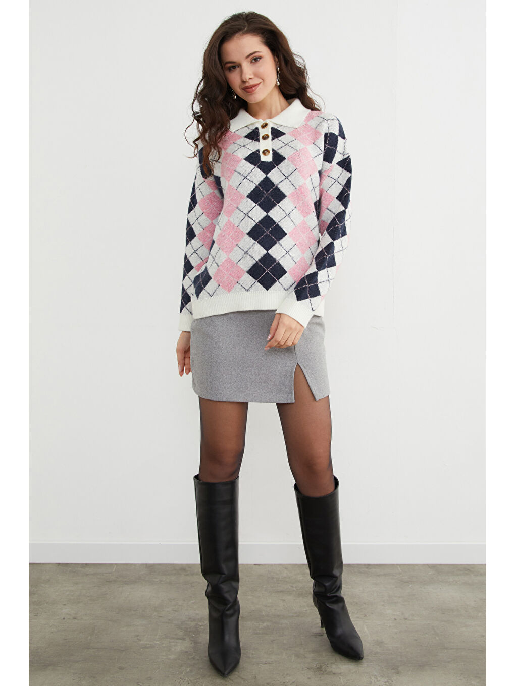 Pembe Baklava Desenli Yarım Düğmeli Polo Yaka Triko Kazak-3