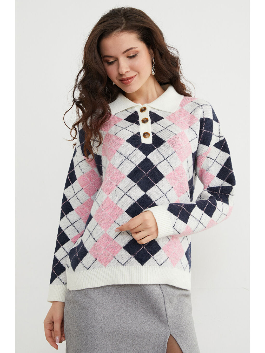 Pembe Baklava Desenli Yarım Düğmeli Polo Yaka Triko Kazak-4