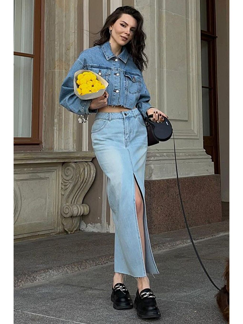 Buz Mavisi Yırtmaçlı Midi Boy Basic Kadın Jean Etek Mg1558-10