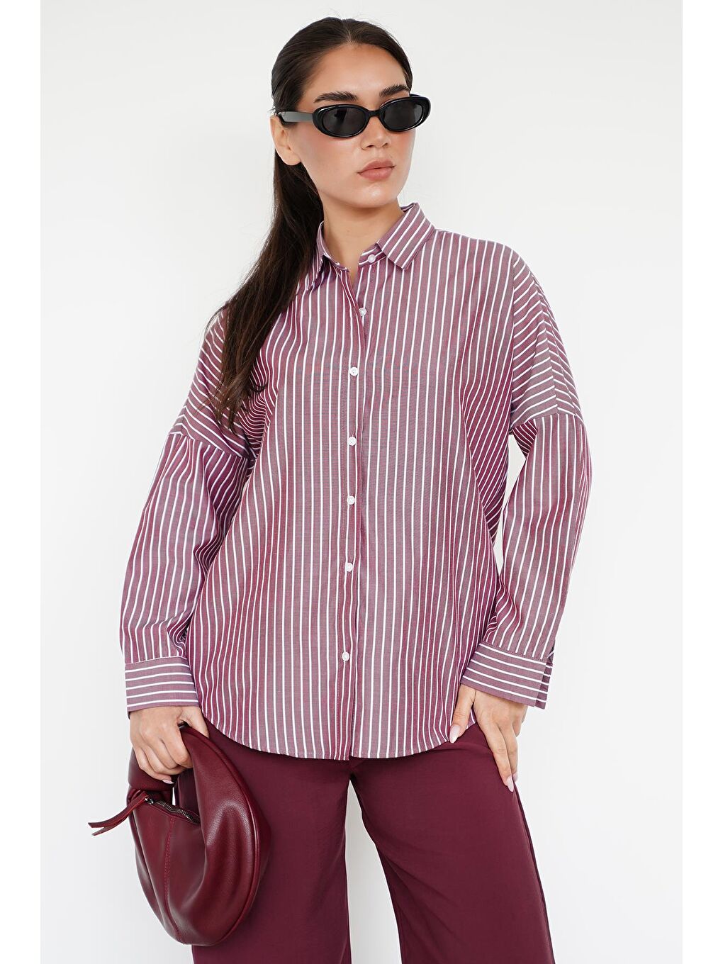 Bordo Çizgili Kadın Gömlek Mg2410-7