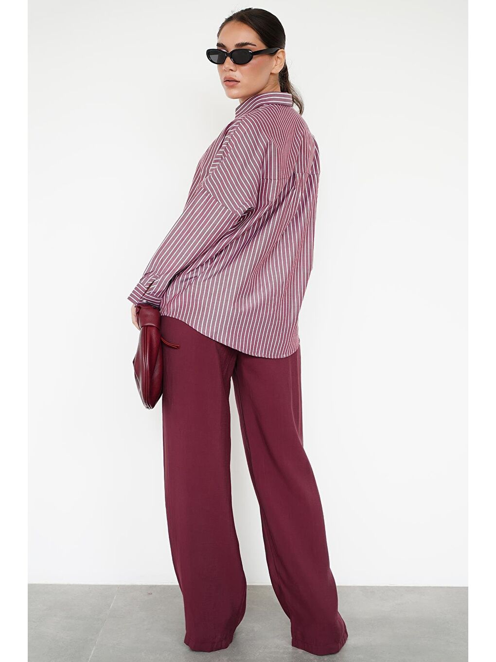 Bordo Çizgili Kadın Gömlek Mg2410-8