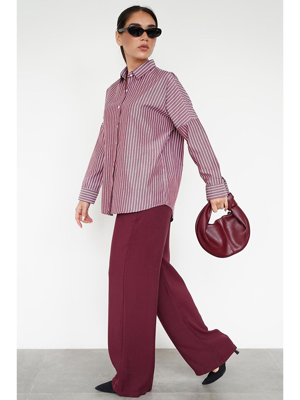 Bordo Çizgili Kadın Gömlek Mg2410-9