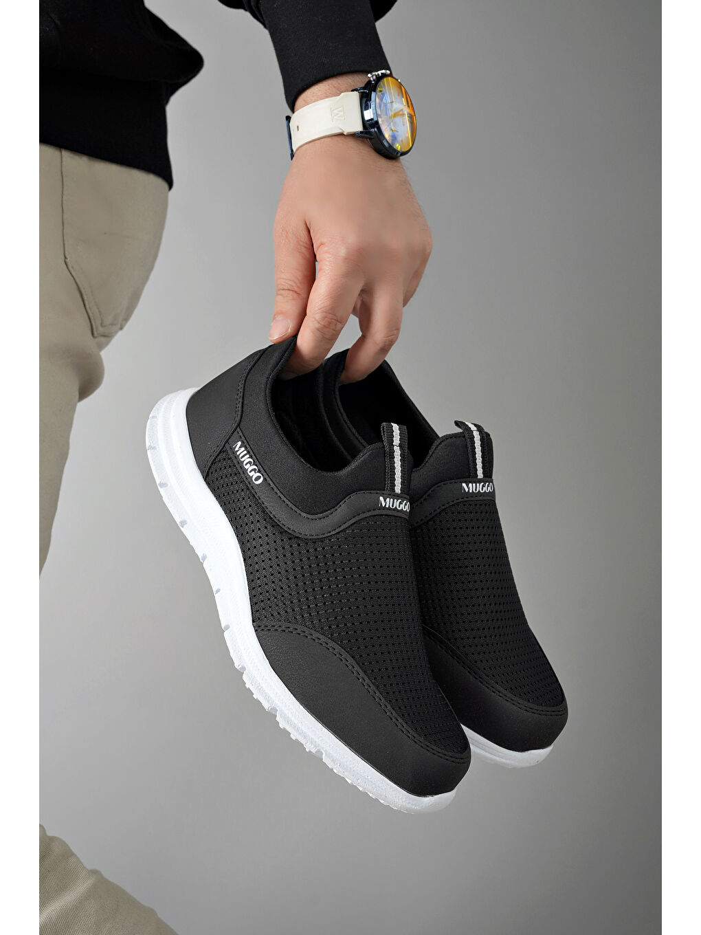 Siyah PODGO Unisex Ortopedik Bağcıksız Nefes Alabilen Hafif Yürüyüş Sneaker Spor Ayakkabı-6