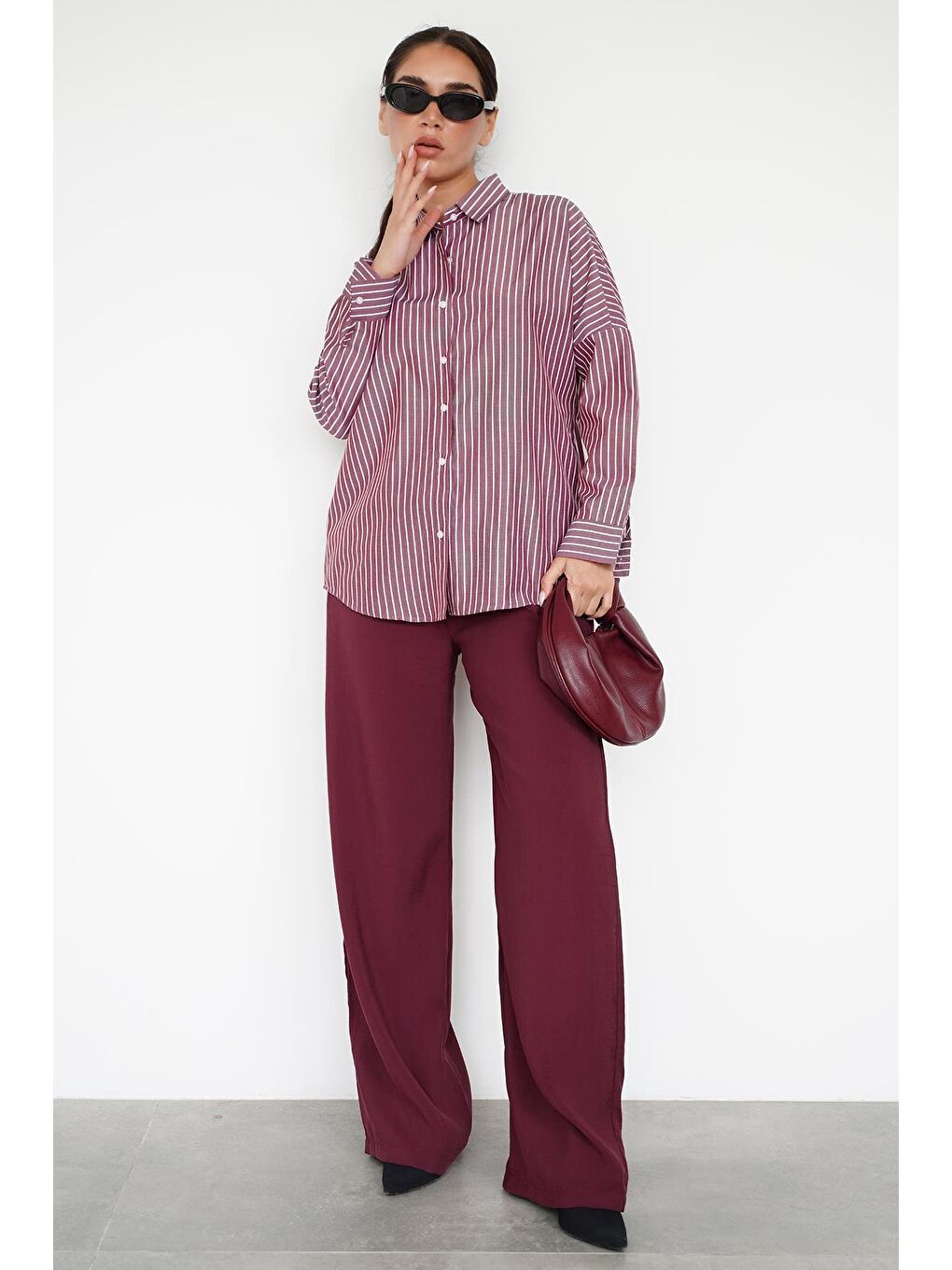Bordo Çizgili Kadın Gömlek Mg2410-10