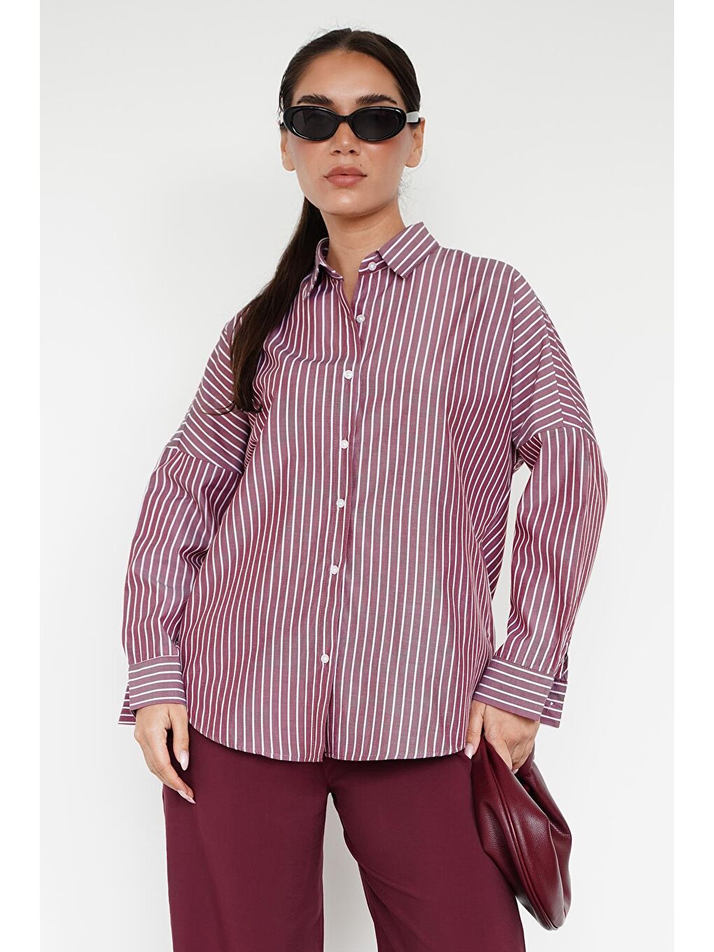 Bordo Çizgili Kadın Gömlek Mg2410-11