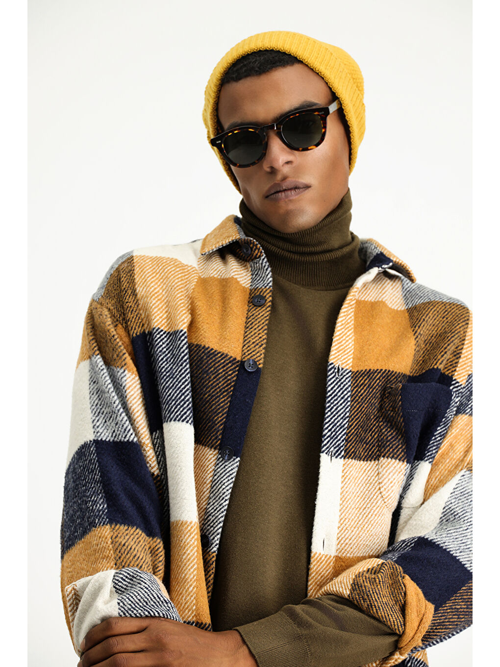 Kahverengi Uzun Kol Oversize Ekose Shacket Oduncu Pamuklu Gömlek / Mont-4