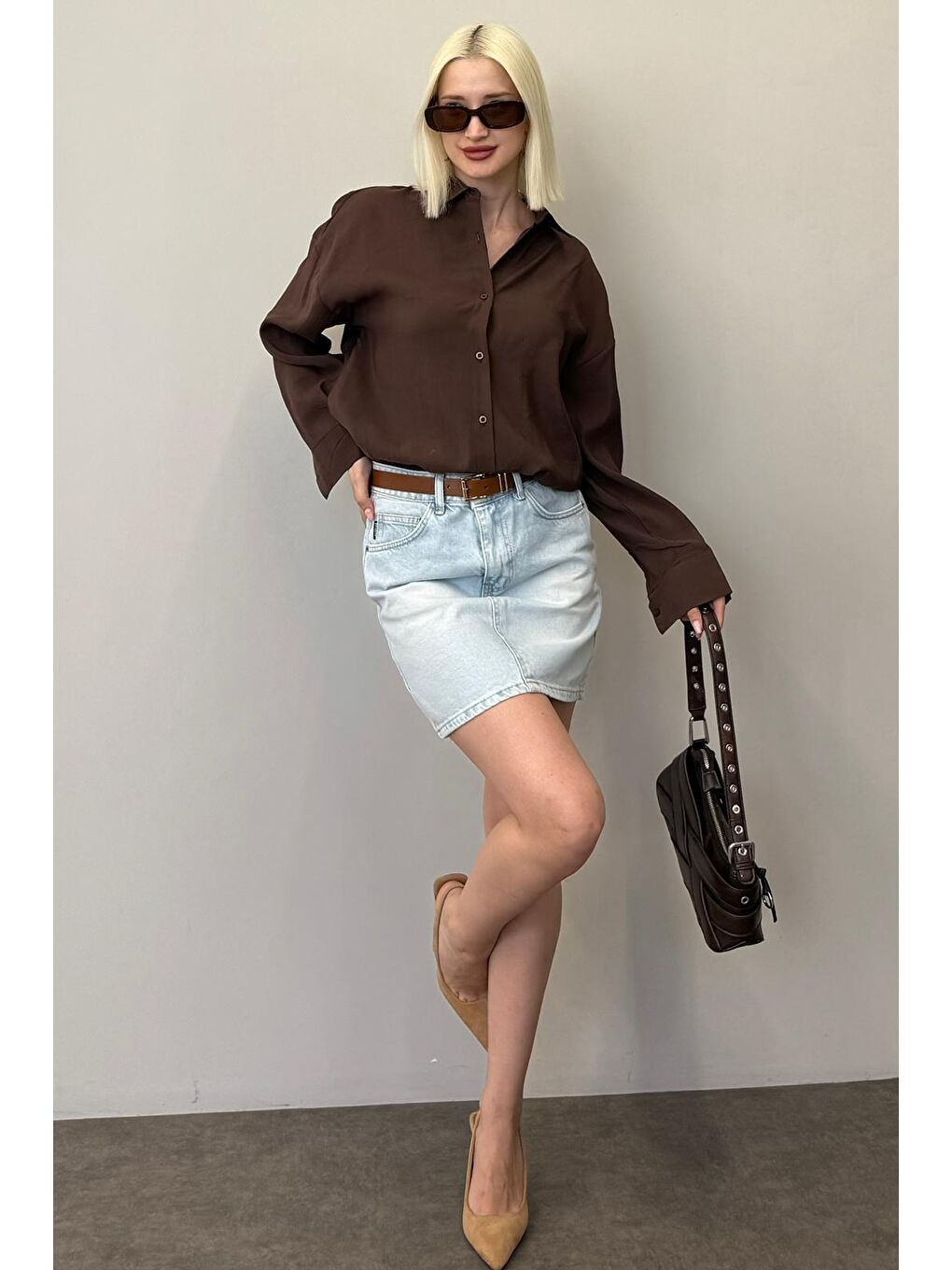 Kahverengi Uzun Kollu Oversize Gömlek Mg2003-1