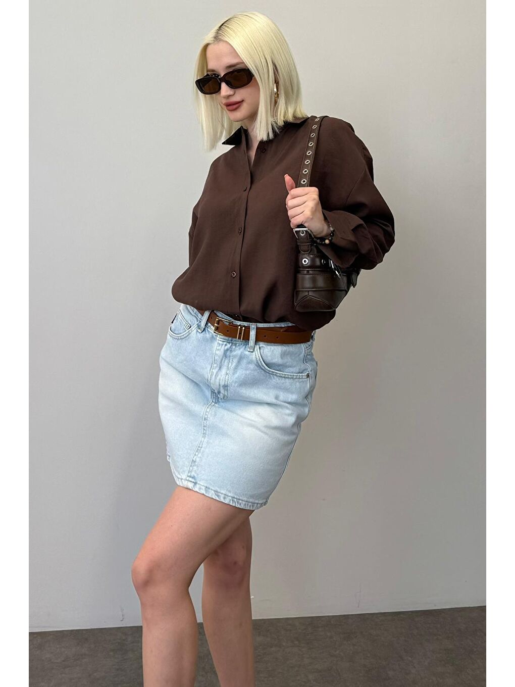 Kahverengi Uzun Kollu Oversize Gömlek Mg2003-2