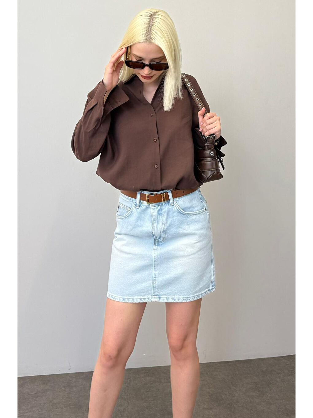 Kahverengi Uzun Kollu Oversize Gömlek Mg2003-3