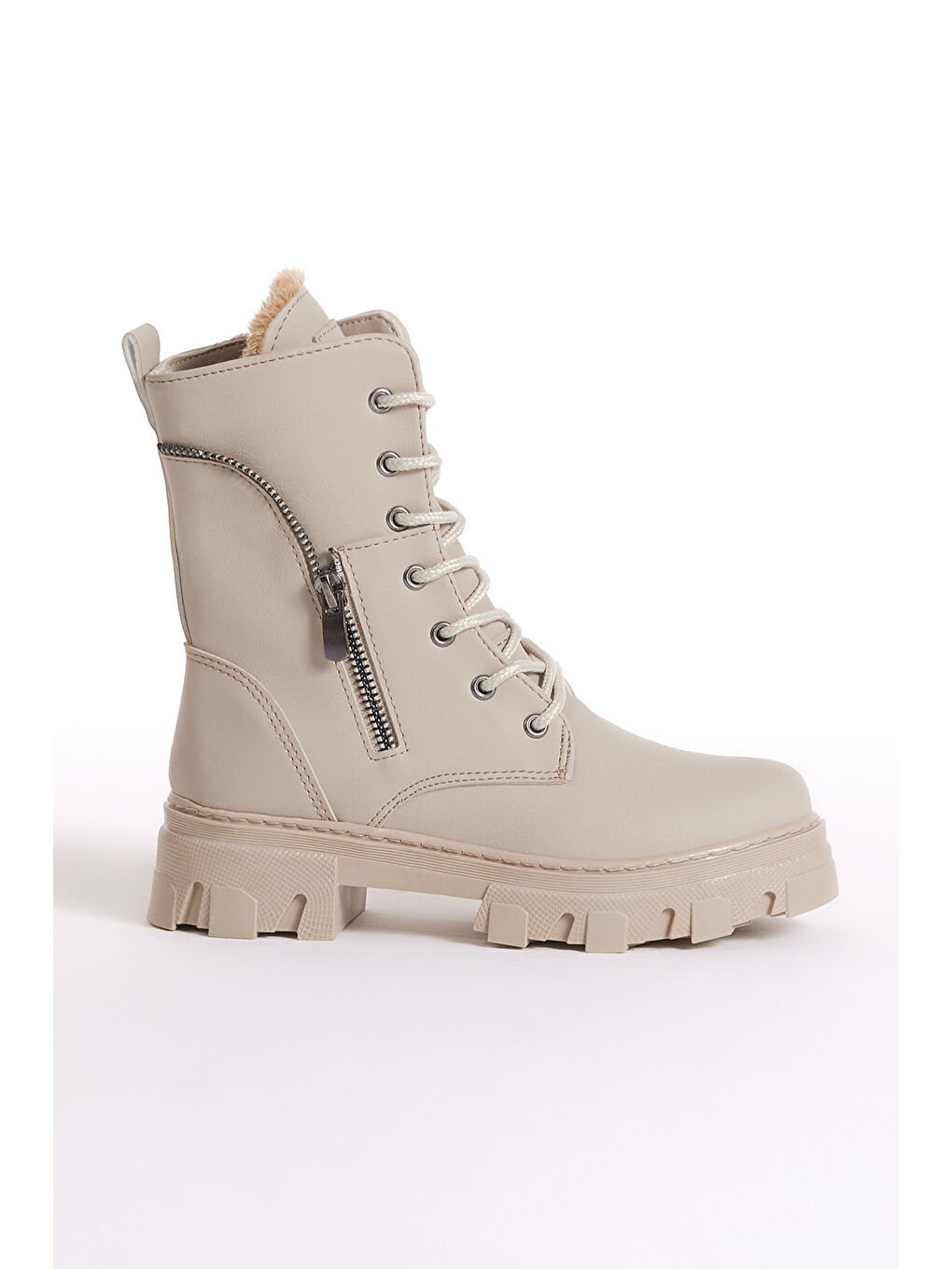 Ekru Kız Çocuk Krem Cilt Yanı Fermuar Detaylı Bağcıklı ve Fermuarlı Bot-2