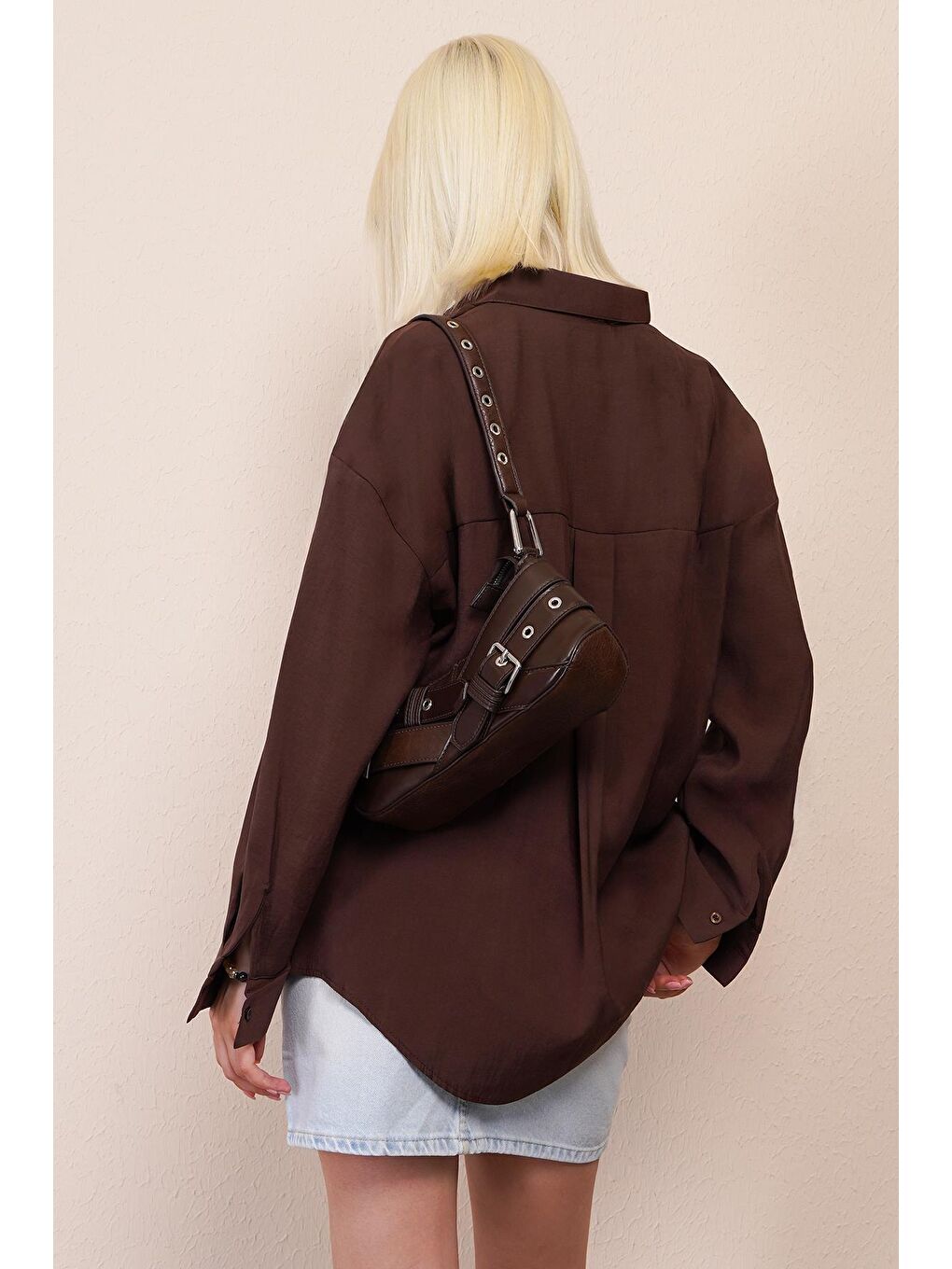 Kahverengi Uzun Kollu Oversize Gömlek Mg2003-6