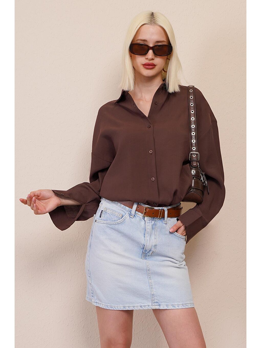 Kahverengi Uzun Kollu Oversize Gömlek Mg2003-7