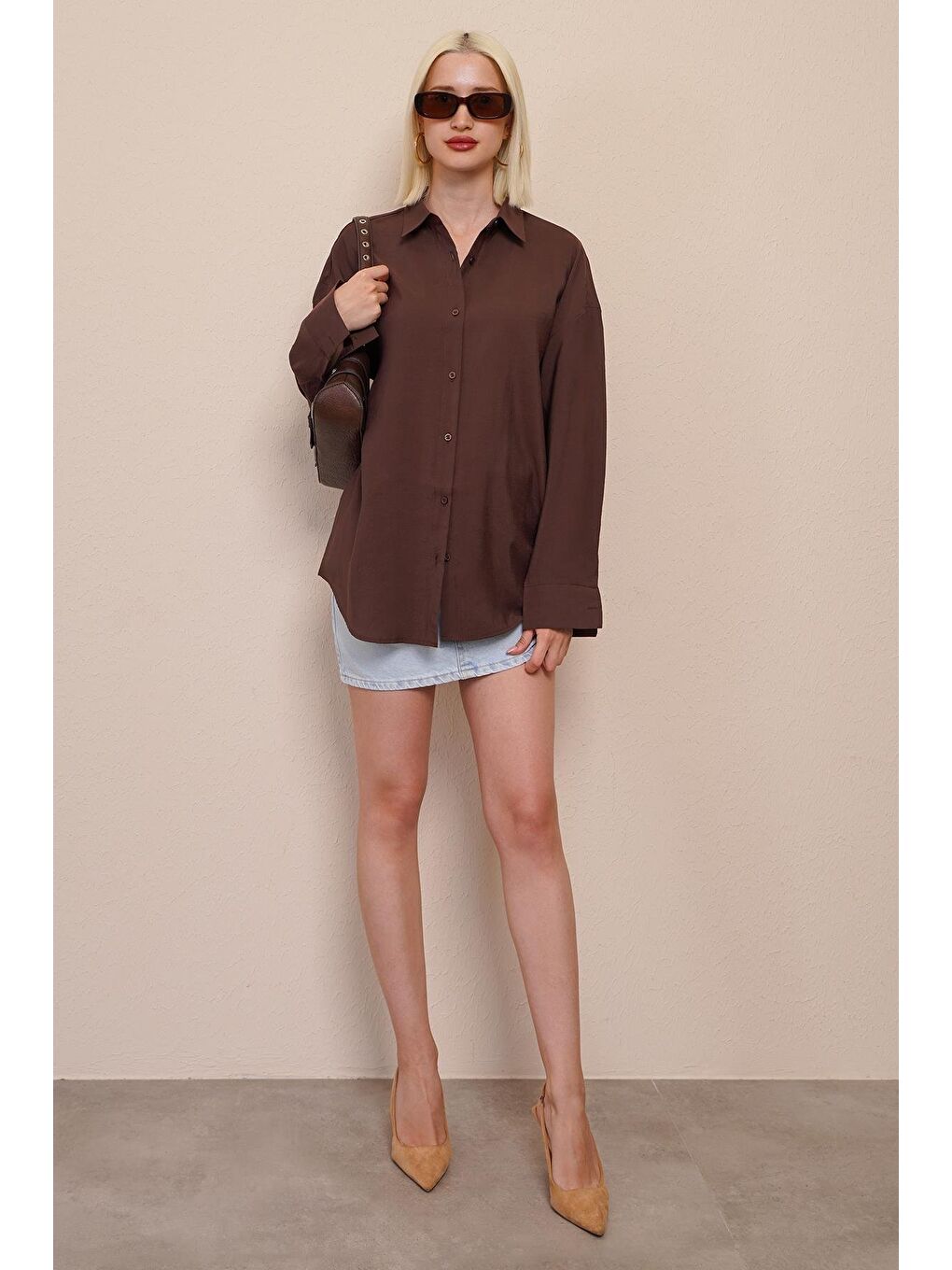 Kahverengi Uzun Kollu Oversize Gömlek Mg2003-8