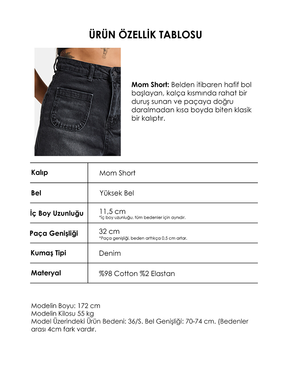 Gri Kadın Koyu Füme 2s6-1 Mom Fit Önden Cepli Denim Şort-2