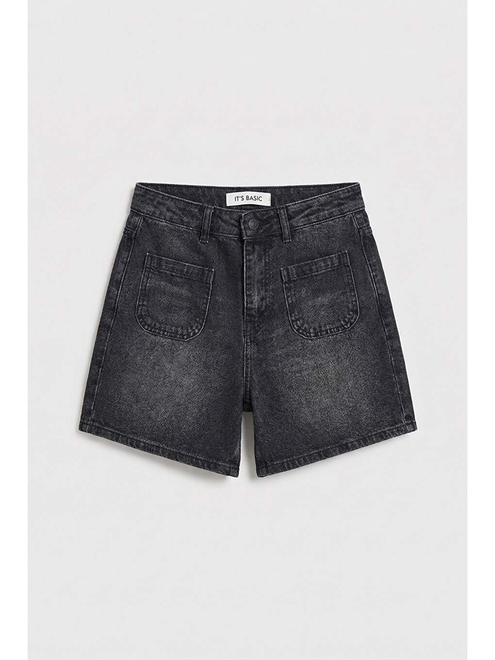Gri Kadın Koyu Füme 2s6-1 Mom Fit Önden Cepli Denim Şort