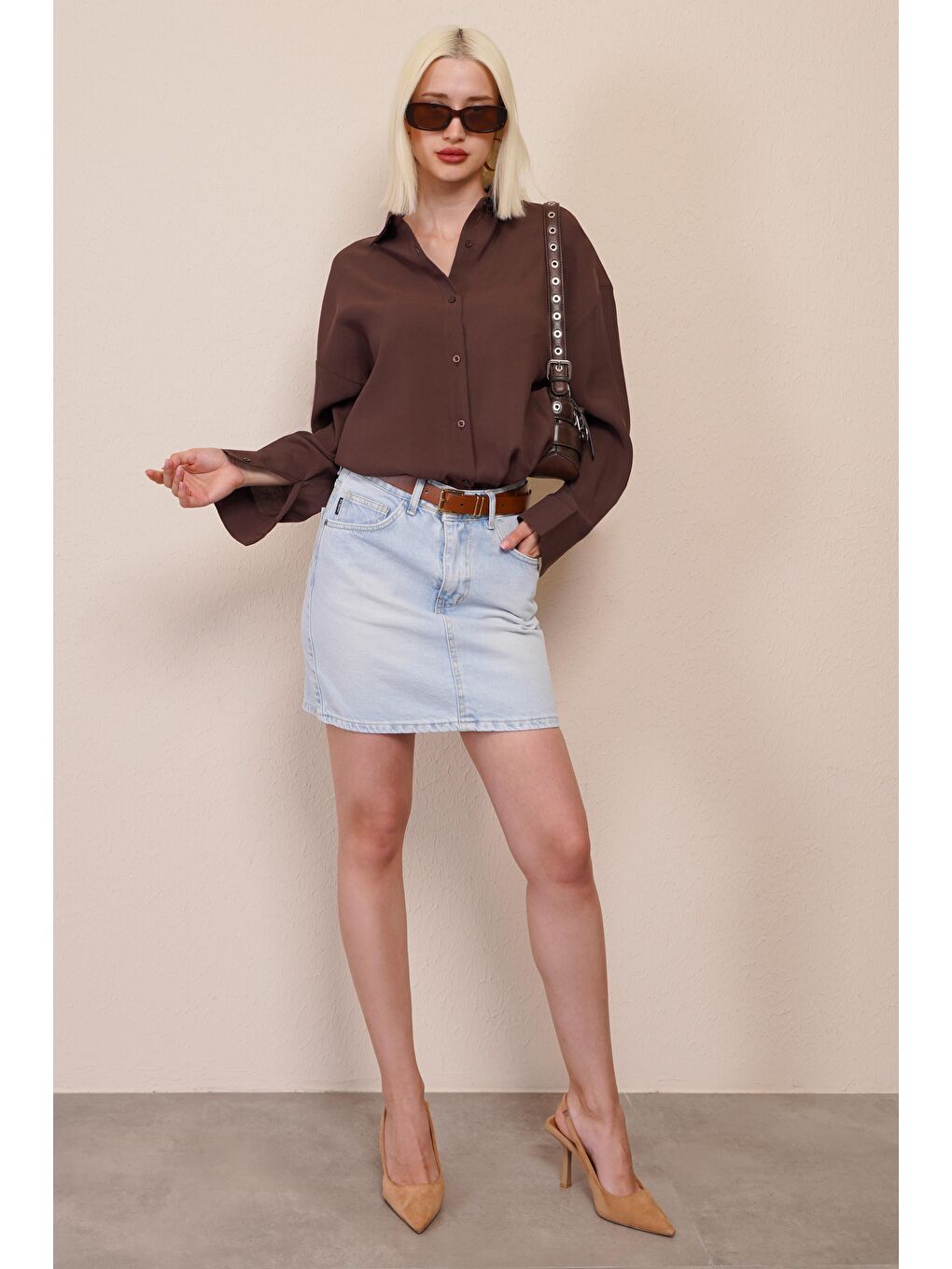 Kahverengi Uzun Kollu Oversize Gömlek Mg2003-10
