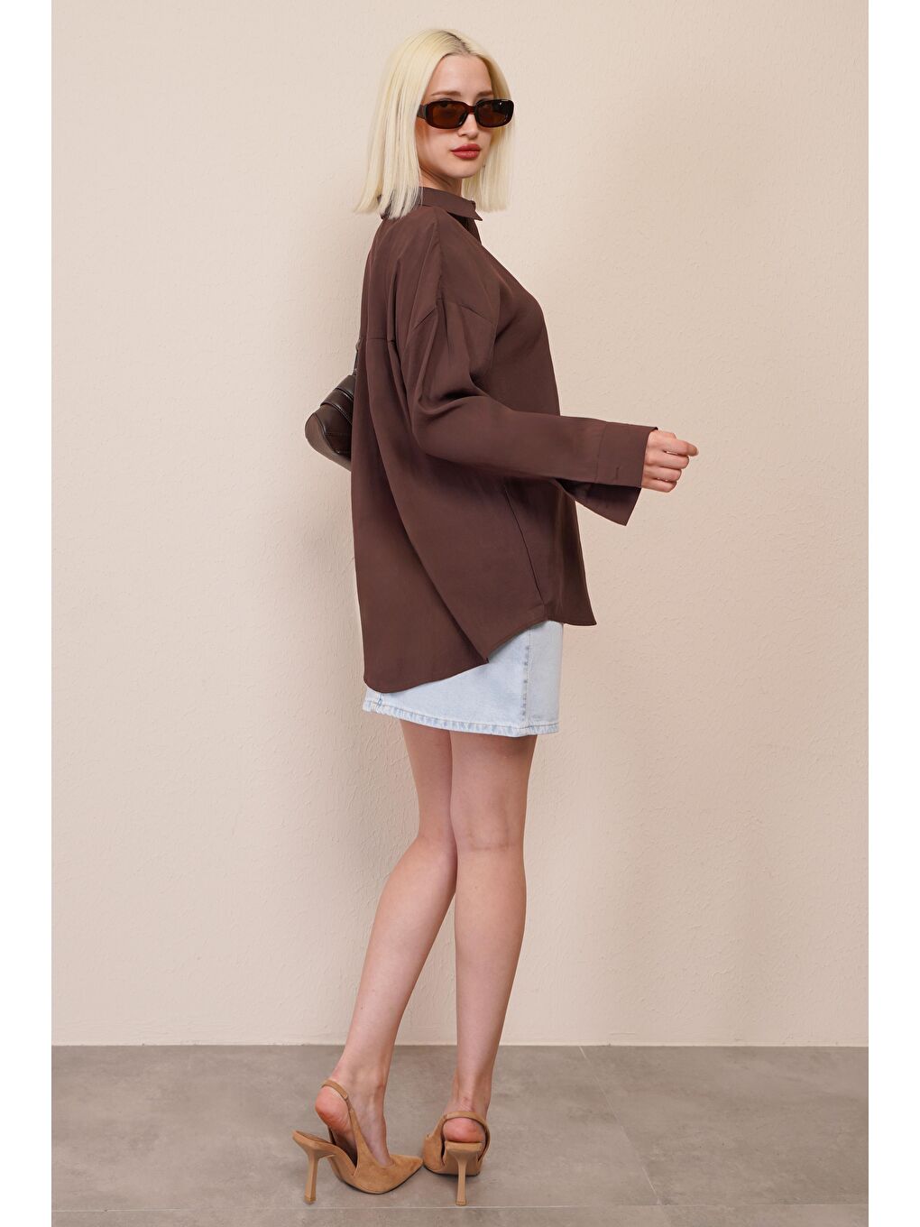Kahverengi Uzun Kollu Oversize Gömlek Mg2003-11