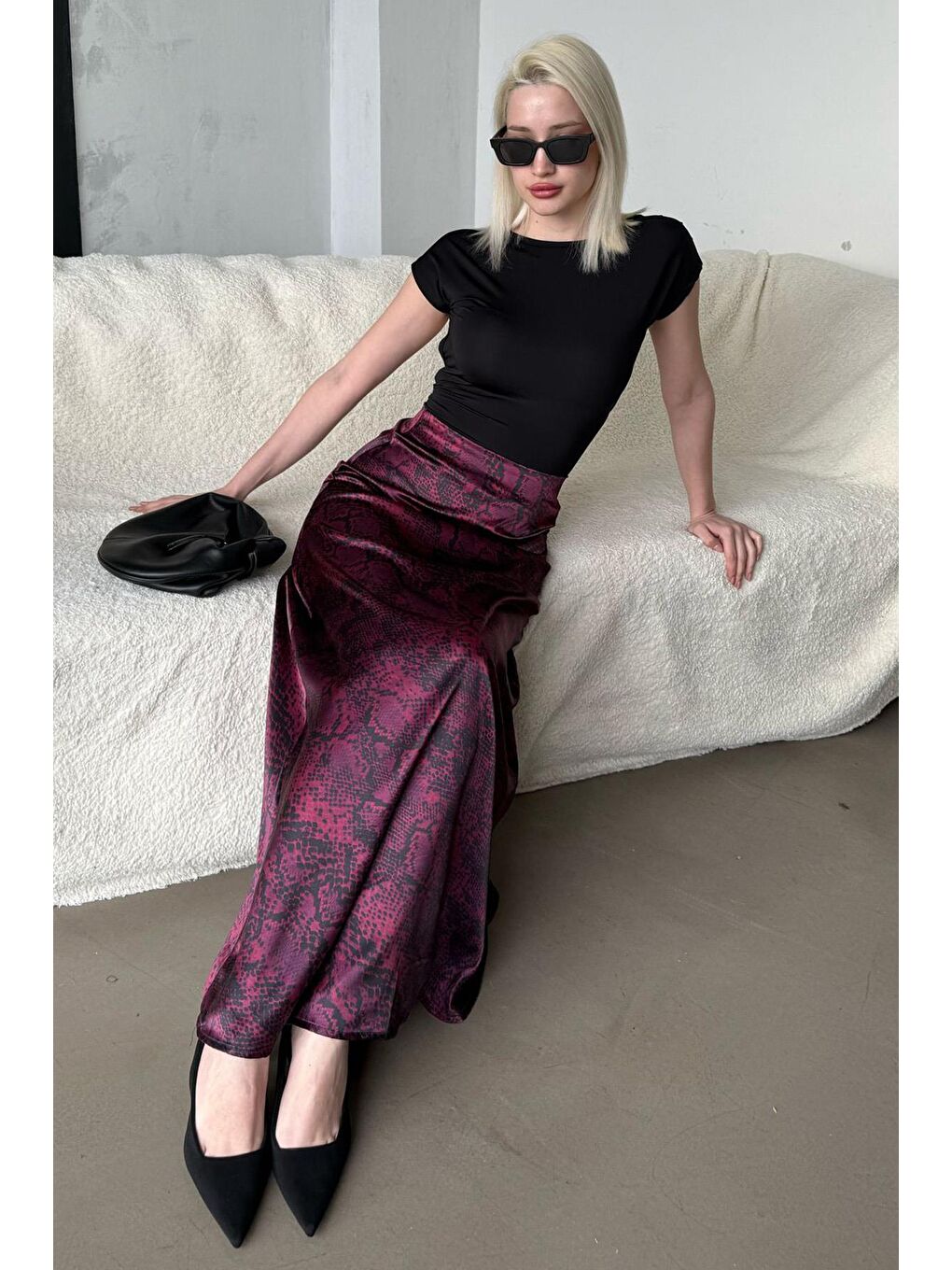 Bordo Desenli Saten Kadın Uzun Etek Mg2333-1