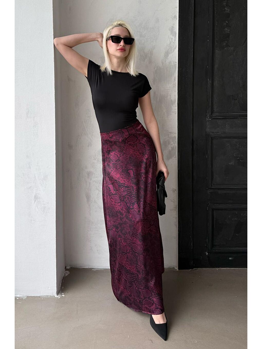 Bordo Desenli Saten Kadın Uzun Etek Mg2333-2