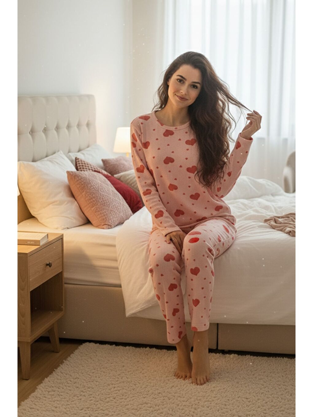 Pembe Fiyonk Ve Kalp Desenli Bisiklet Yaka Pijama Takımı-1