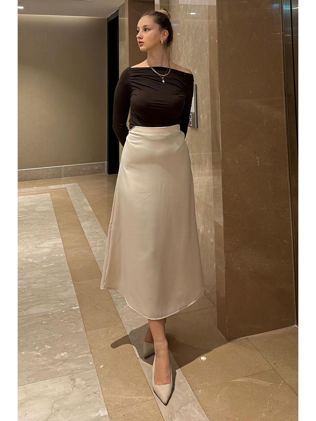 Bej Basic Midi Saten Etek Mg1409-1